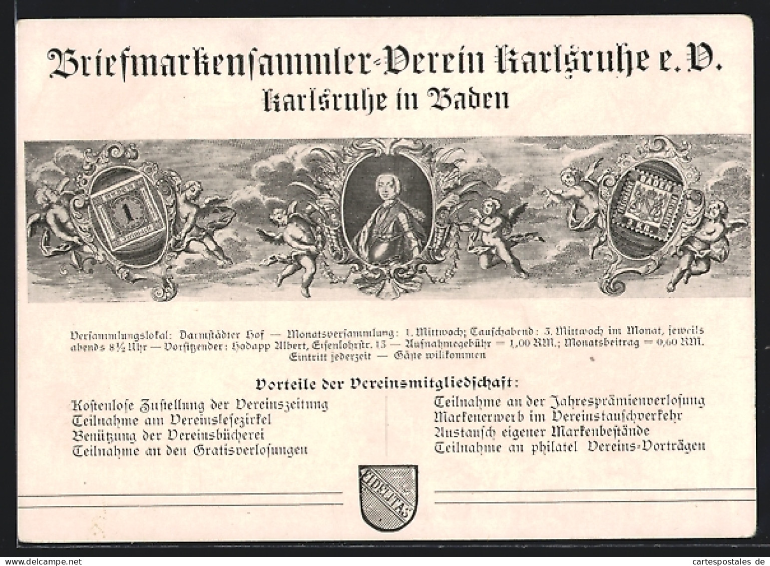 AK Karlsruhe In Baden, Briefmarkensammler-Verein Karlsruhe E. V., Engel Mit Briefmarken  - Briefmarken (Abbildungen)