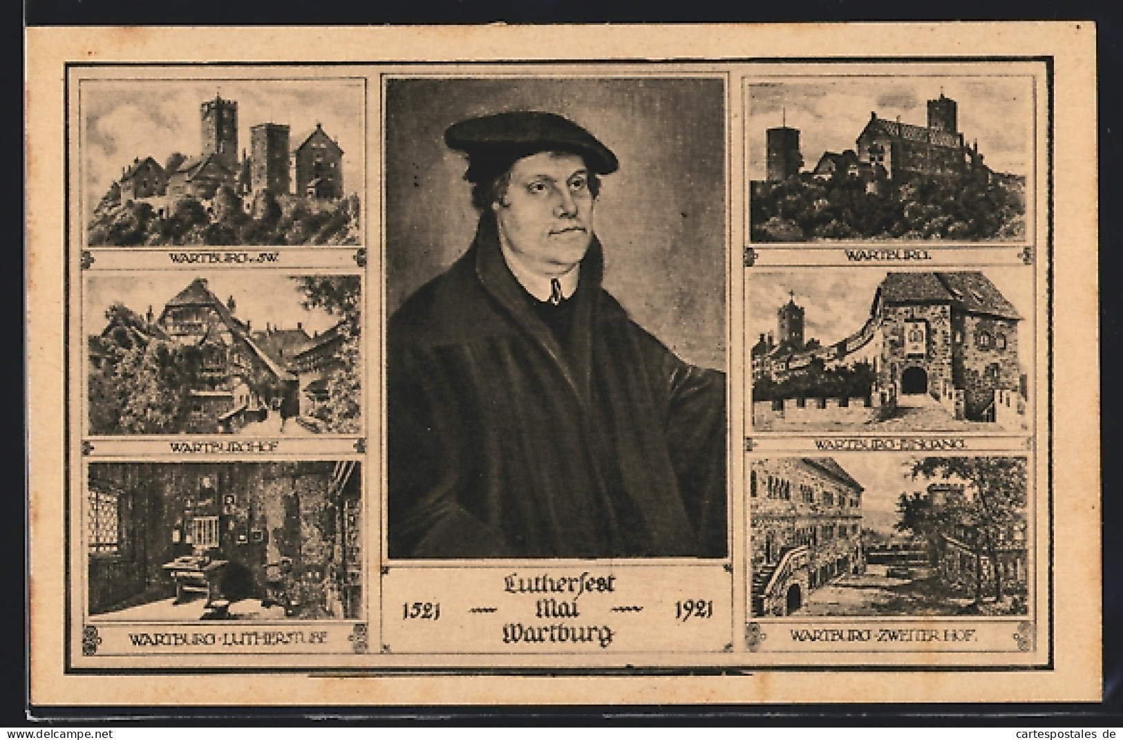AK Lutherfest Auf Der Wartburg 1921 Mit Porträt Martin Luther Und Sechs Ansichten  - Historical Famous People