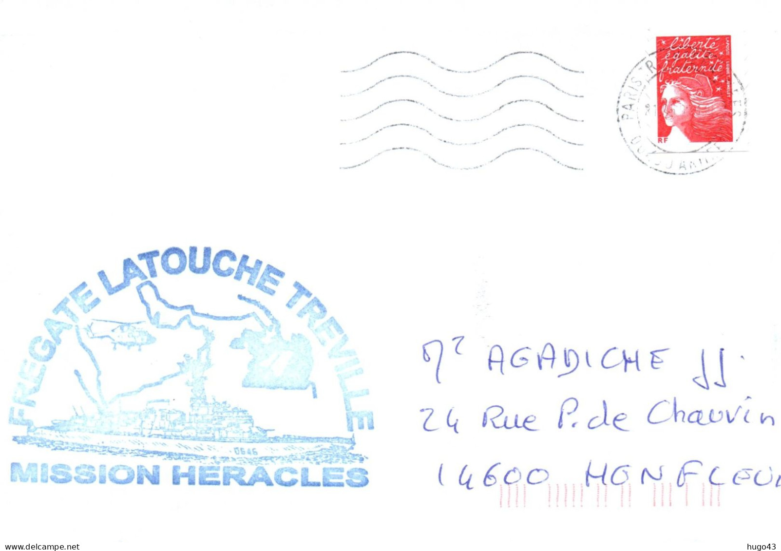 ENVELOPPE AVEC CACHET FREGATE LATOUCHE TREVILLE - MISSION HERACLES - BUREAU POSTAL MILITAIRE N° 610 - Correo Naval