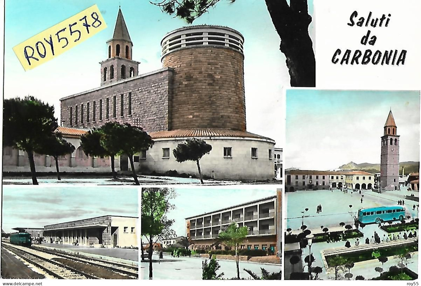 Sardegna-carbonia Vedute Vedutine Stazione Ferroviaria Treno Littorina Piazza Chiesa Animate Saluti Da Carbonia Anni 60 - Carbonia