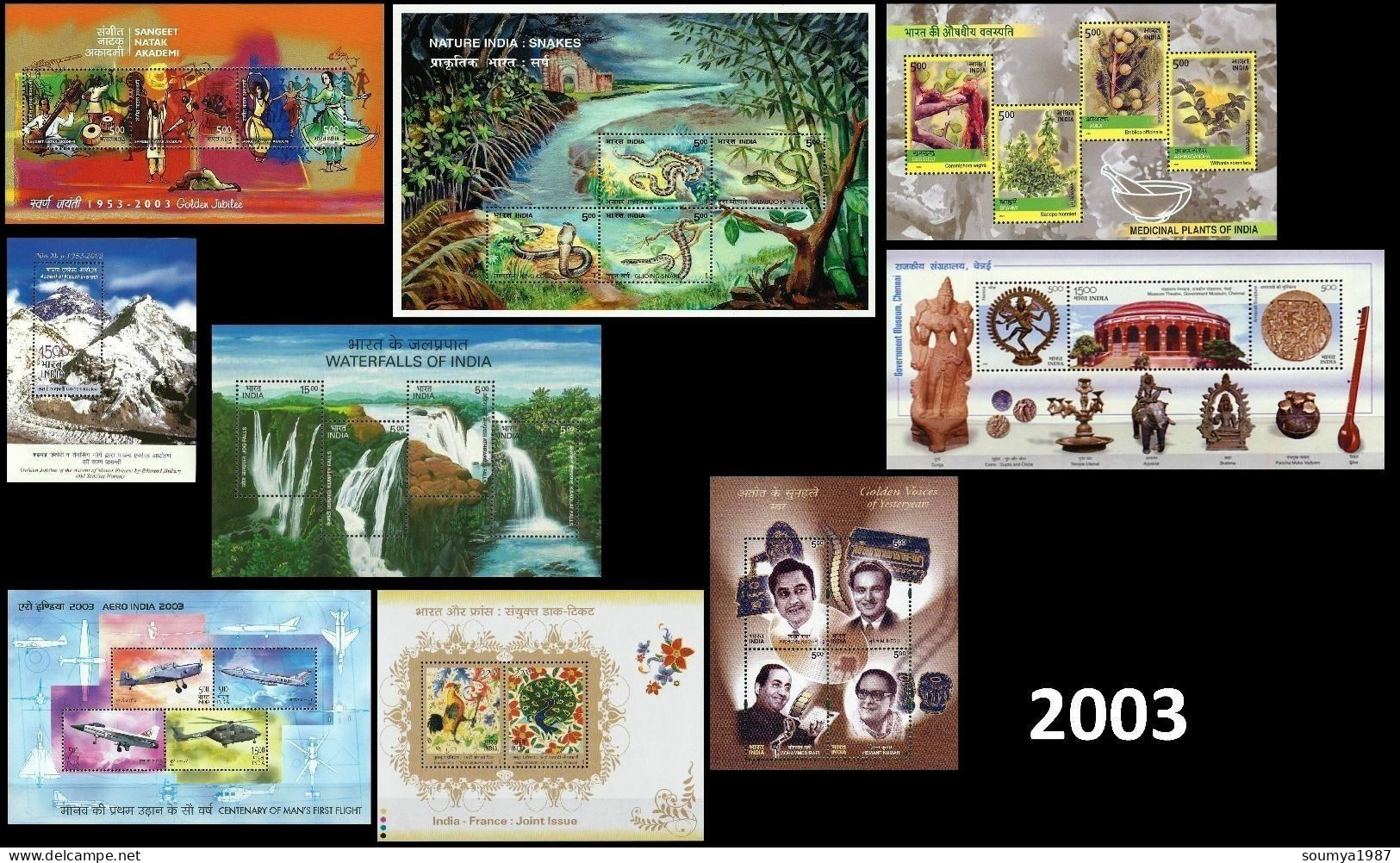 INDIA 2003 COMPLETE YEAR PACK OF MINIATURE SHEETS CONTAINS 9 MS OF JOINT ISSUE SNAKES PLANTS SINGERS AND MANYMORE MNH - Nuovi