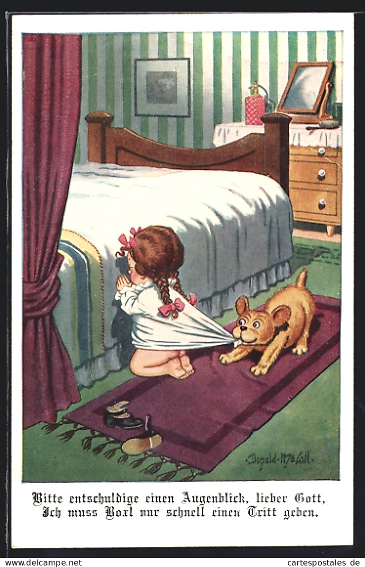 Künstler-AK Donald McGill: Hund Zieht Betendem Mädchen Am Nachthemd  - Mc Gill, Donald