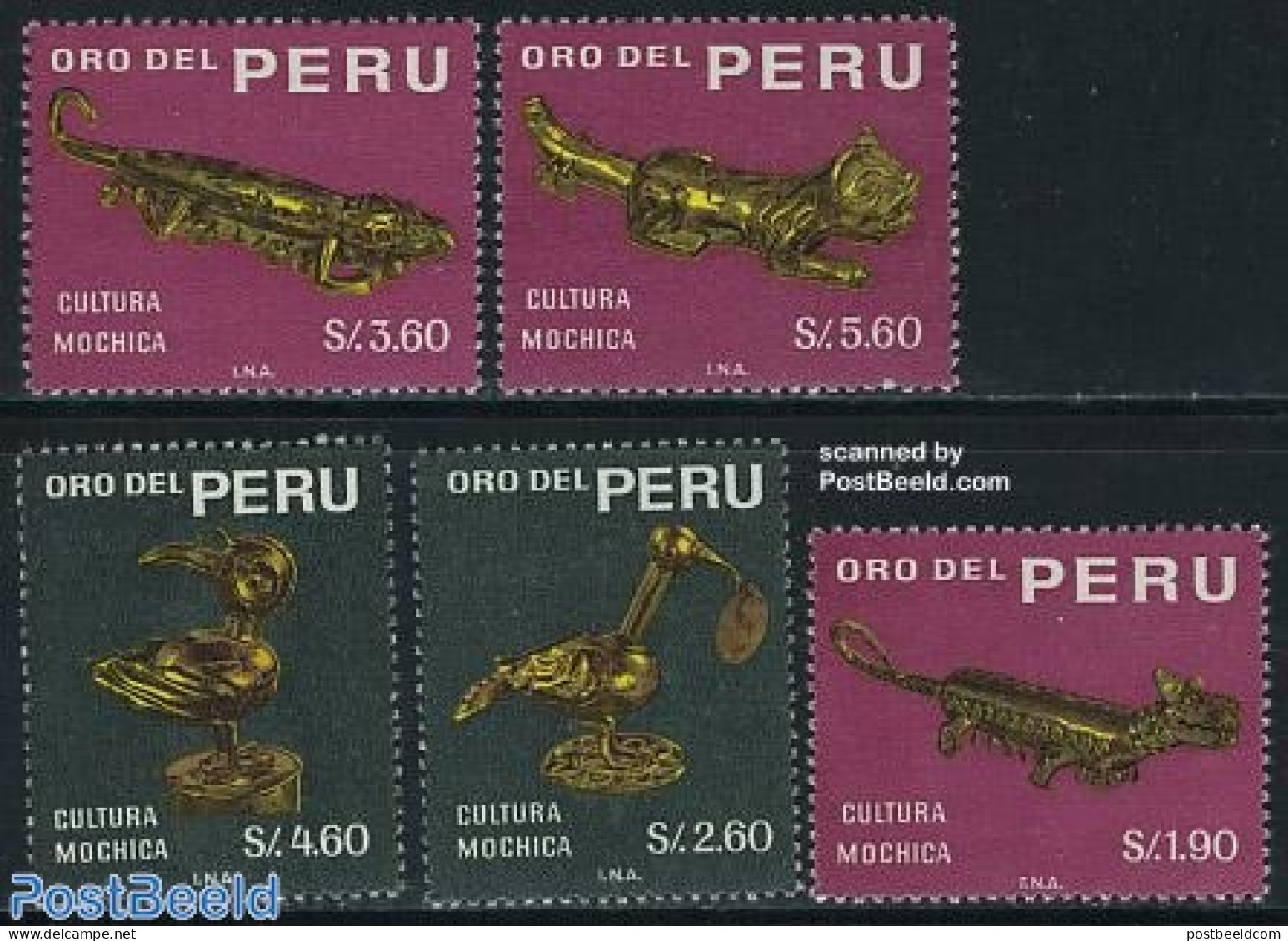 Peru 1968 Mochica Gold Sculptures 5v, Mint NH, History - Archaeology - Art - Art & Antique Objects - Archéologie