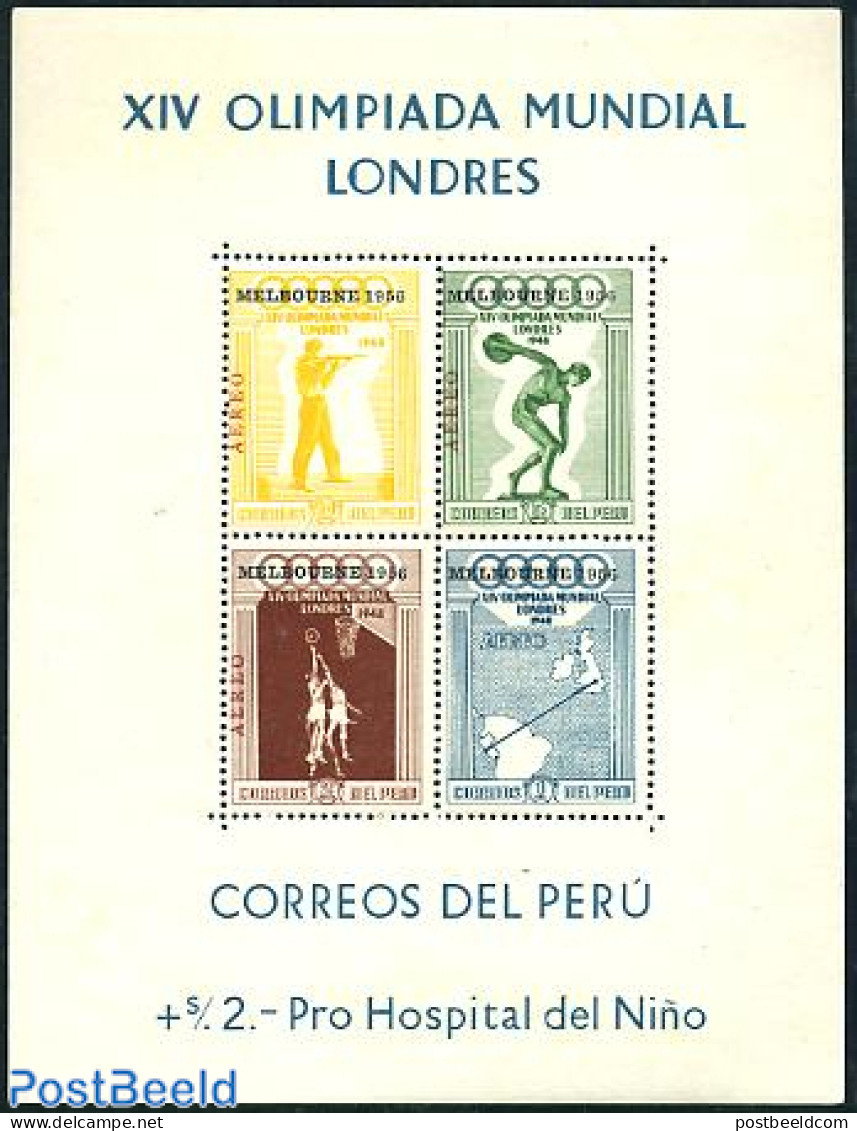 Peru 1957 Olympic Games Melbourne S/s, Mint NH, Sport - Various - Basketball - Olympic Games - Shooting Sports - Maps - Basket-ball