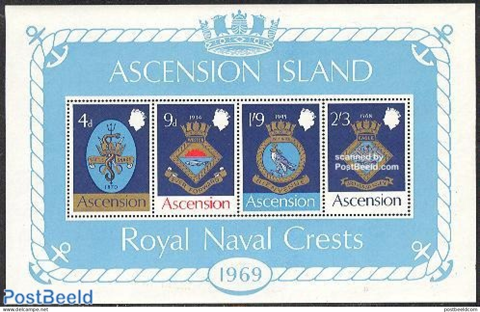 Ascension 1969 Royal Navy Naval Arms (I) S/s, Mint NH, History - Nature - Coat Of Arms - Birds - Fish - Fishes