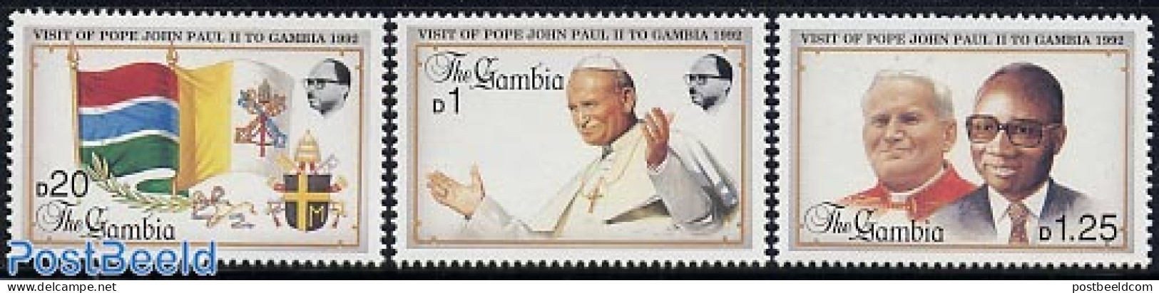 Gambia 1992 Visit Of Pope John Paul II 3v, Mint NH, History - Religion - Coat Of Arms - Flags - Pope - Religion - Popes