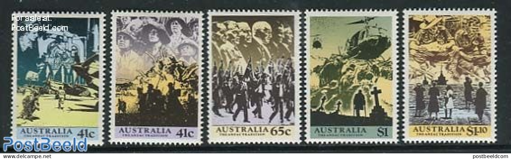 Australia 1990 ANZAC Tradition 5v, Mint NH, History - Transport - Militarism - World War II - Helicopters - Aircraft &.. - Ongebruikt