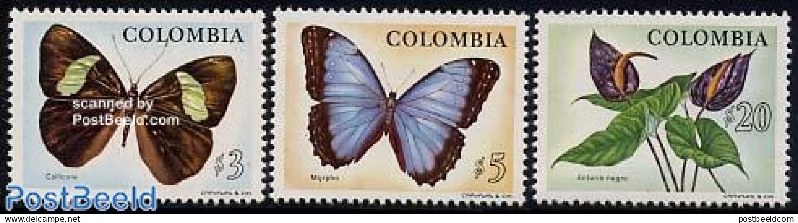 Colombia 1976 Butterflies & Flora 3v, Mint NH, Nature - Butterflies - Flowers & Plants - Kolumbien