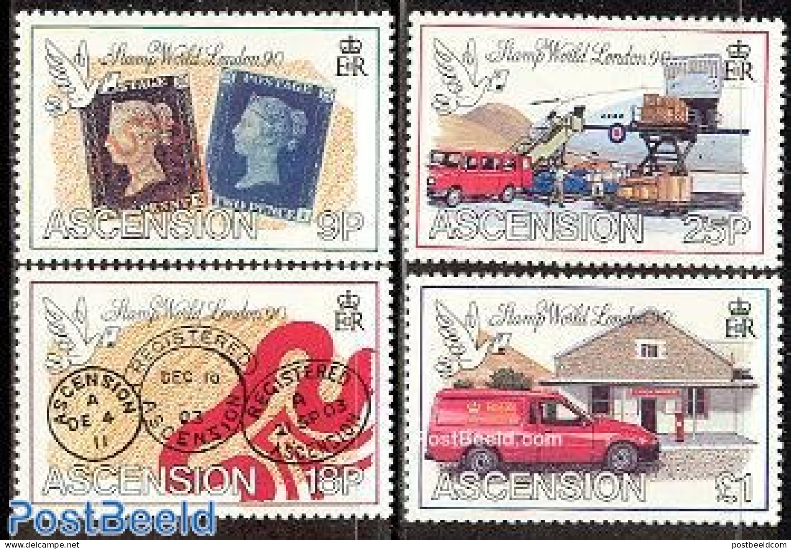 Ascension 1990 Stamp World London 90 4v, Mint NH, Transport - Post - Stamps On Stamps - Automobiles - Aircraft & Aviat.. - Post