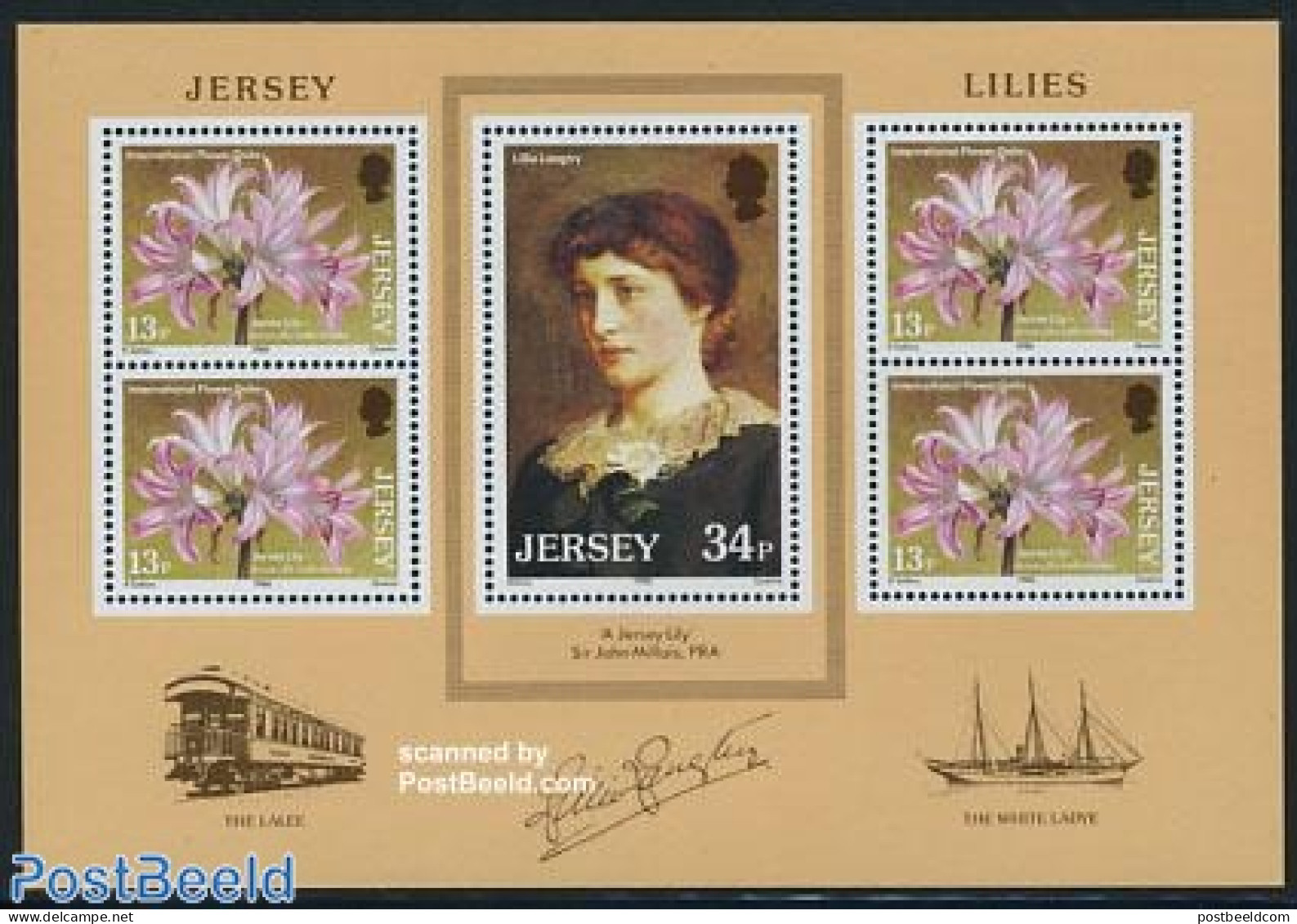 Jersey 1986 Lilien Of Jersey S/s, Mint NH, Nature - Transport - Flowers & Plants - Railways - Ships And Boats - Art - .. - Trains