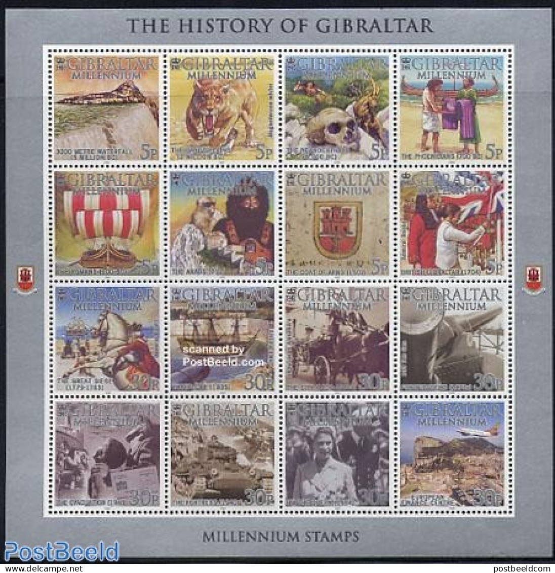 Gibraltar 2000 New Millennium 16v M/s, Mint NH, History - Nature - Transport - Coat Of Arms - Kings & Queens (Royalty).. - Familles Royales