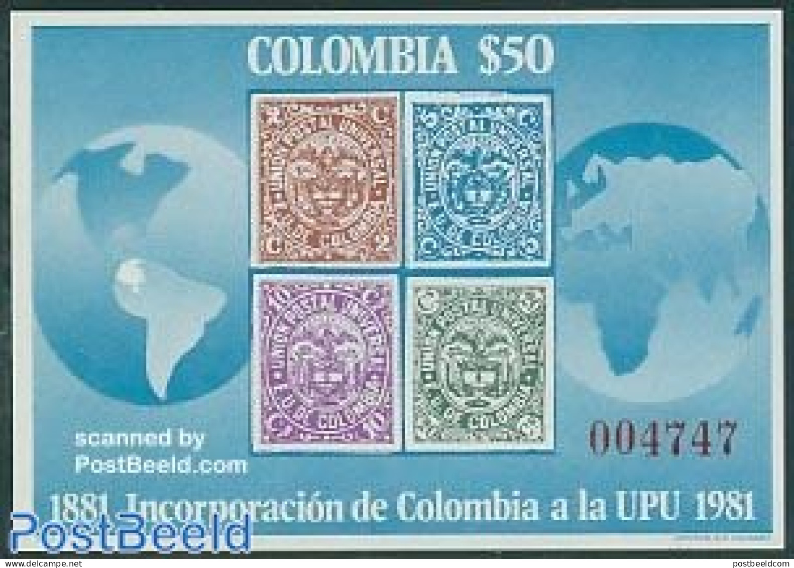 Colombia 1981 UPU Membership S/s, Mint NH, Stamps On Stamps - U.P.U. - Stamps On Stamps