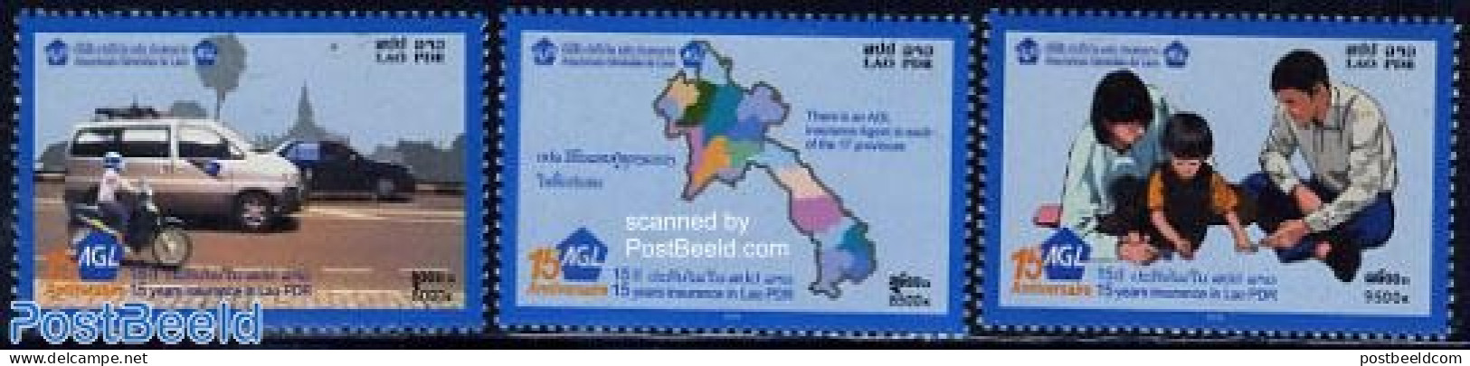 Laos 2006 15 Years Insurances 3v, Mint NH, Transport - Various - Automobiles - Motorcycles - Banking And Insurance - M.. - Voitures