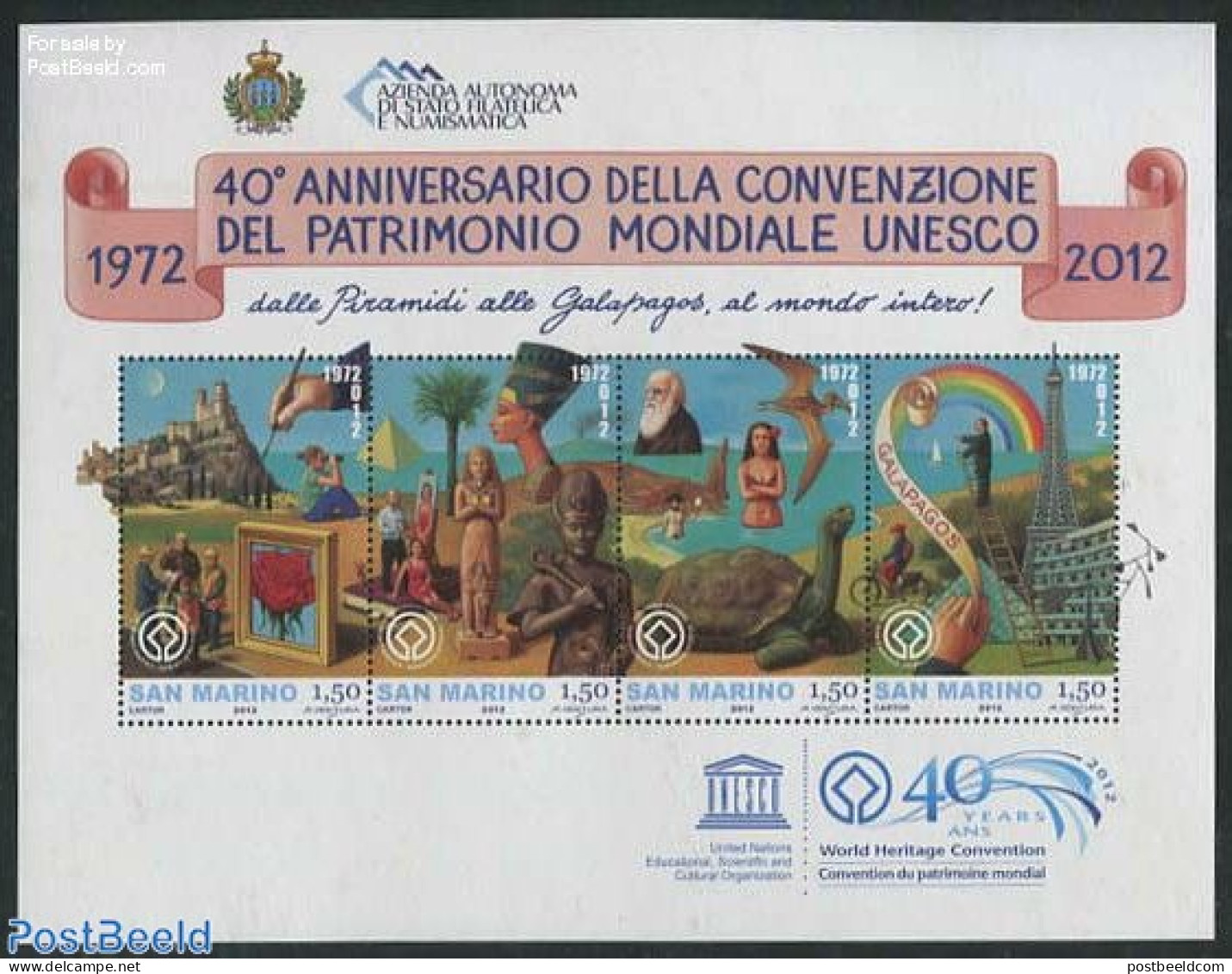 San Marino 2012 40 Years UNESCO World Heritage 4v M/s, Mint NH, History - Nature - Unesco - World Heritage - Prehistor.. - Neufs