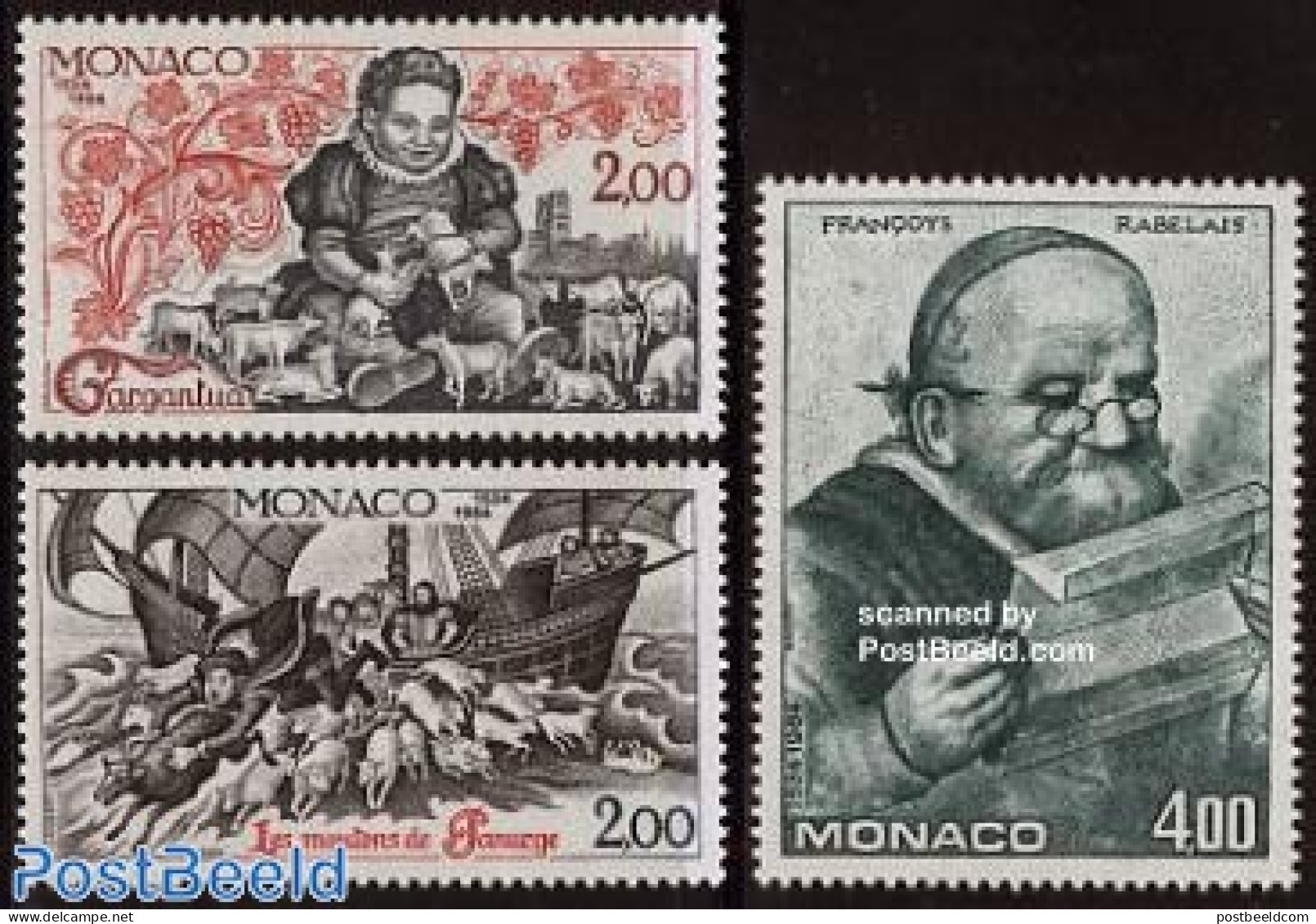 Monaco 1984 Rabelais 3v, Mint NH, Nature - Transport - Animals (others & Mixed) - Ships And Boats - Art - Authors - Neufs