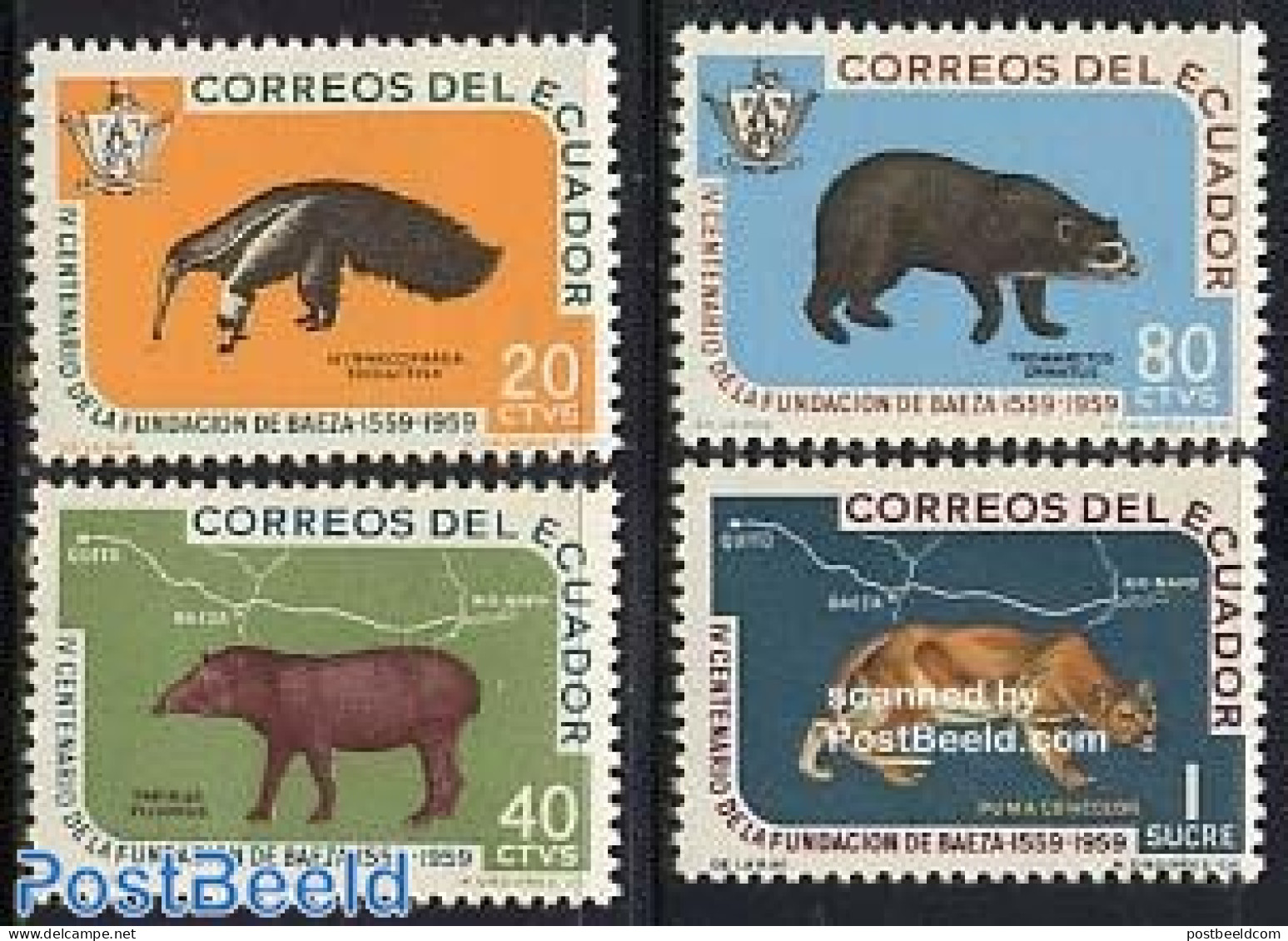 Ecuador 1960 Animals 4v, Mint NH, Nature - Various - Animals (others & Mixed) - Cat Family - Maps - Wild Mammals - Geographie