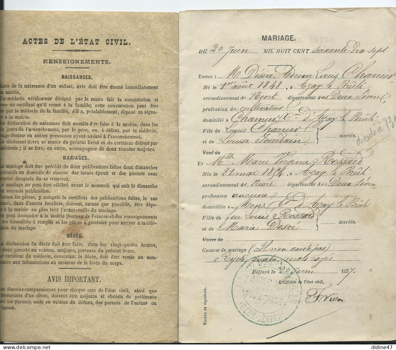 LIVRET DE FAMILLE- MARIAGE à AZAY LE BRÛLÉ Le 20 Juin 1877 - Historical Documents