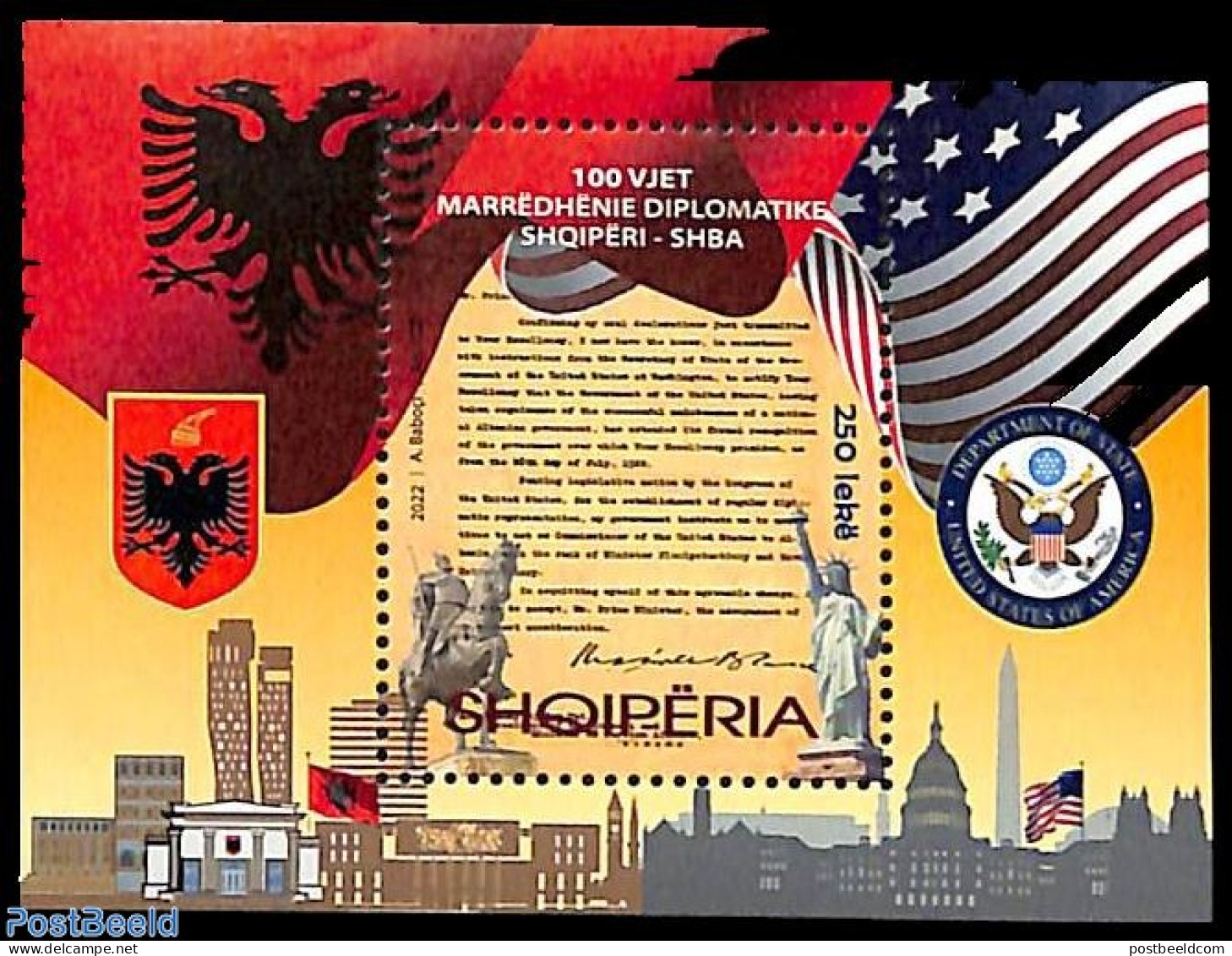 Albania 2022 Diplomatic Relations With USA S/s, Mint NH, Art - Sculpture - Escultura