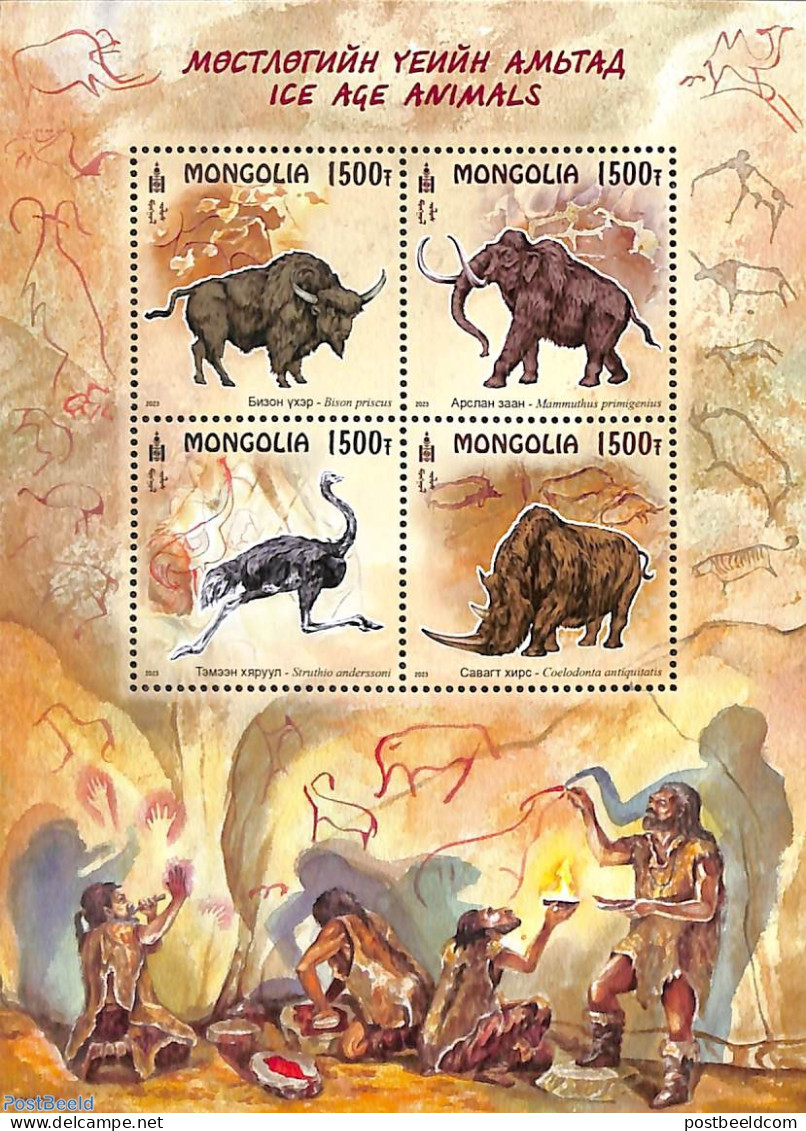Mongolia 2023 Ice Age Animals 4v M/s, Mint NH, Nature - Animals (others & Mixed) - Birds - Prehistoric Animals - Rhino.. - Prehistorics
