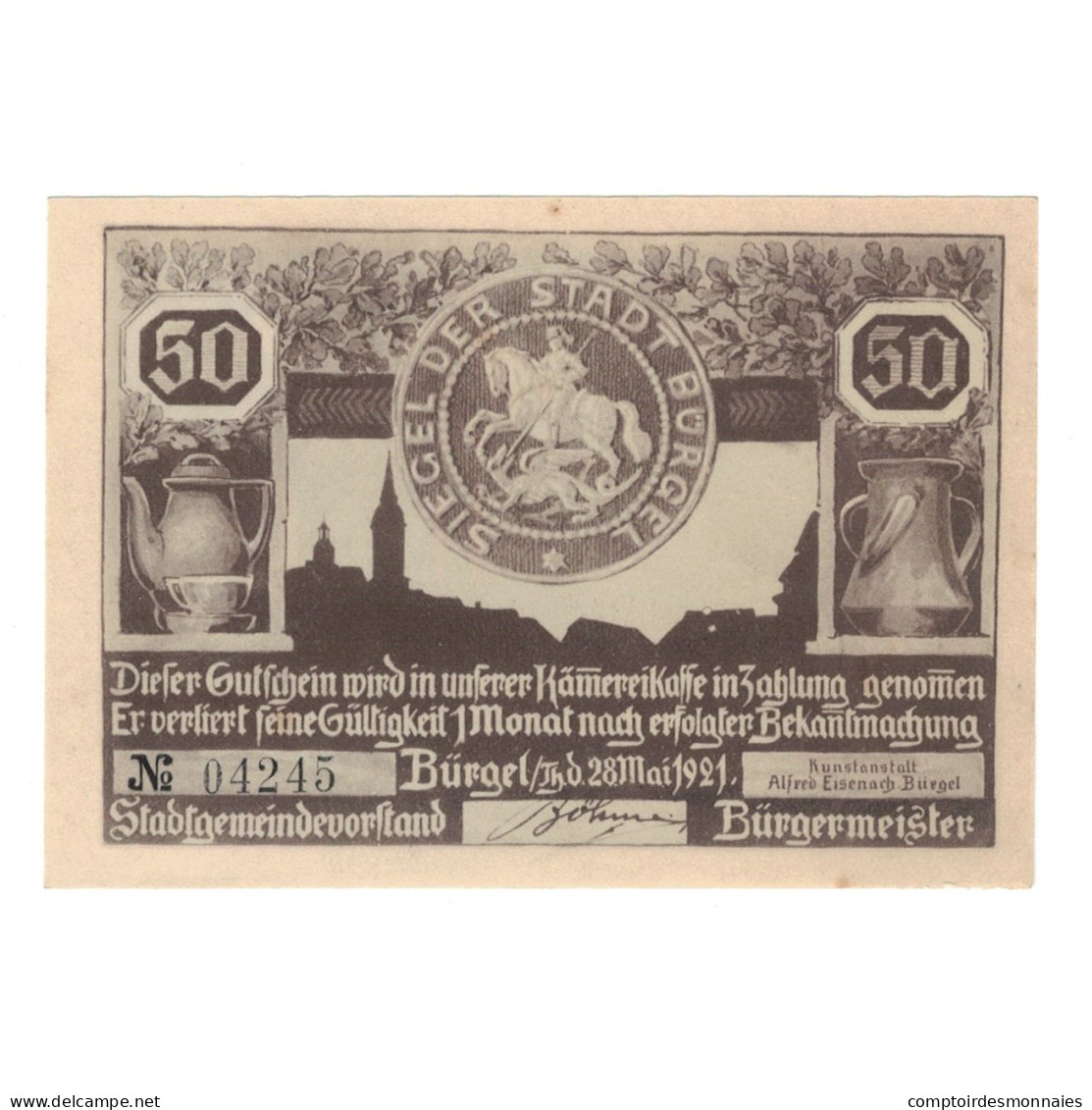 Billet, Allemagne, Burgel Stadt, 50 Pfennig, Personnage, 1921, 1921-05-28, SUP - Other & Unclassified