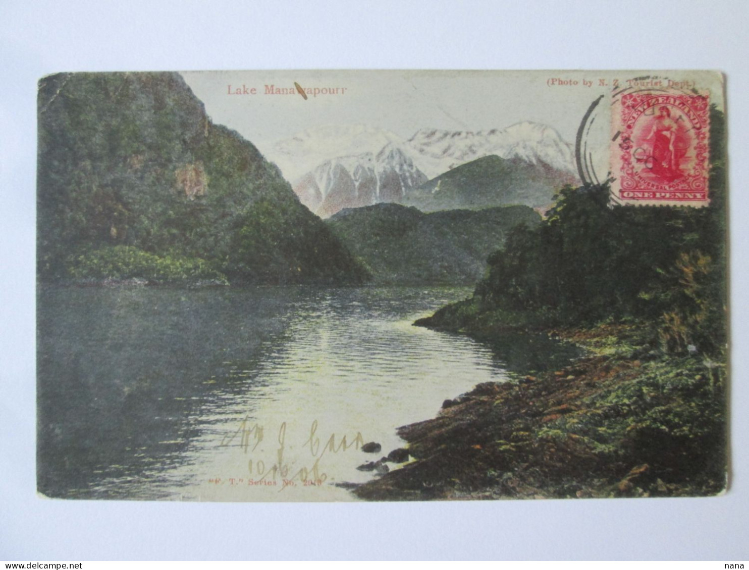 New Zealand:Lac Manapouri Carte Postale Voyage 1906 Timbre Rare/Manapouri Lake Postcard Mailed 1906 Rare TCV Stamp - New Zealand