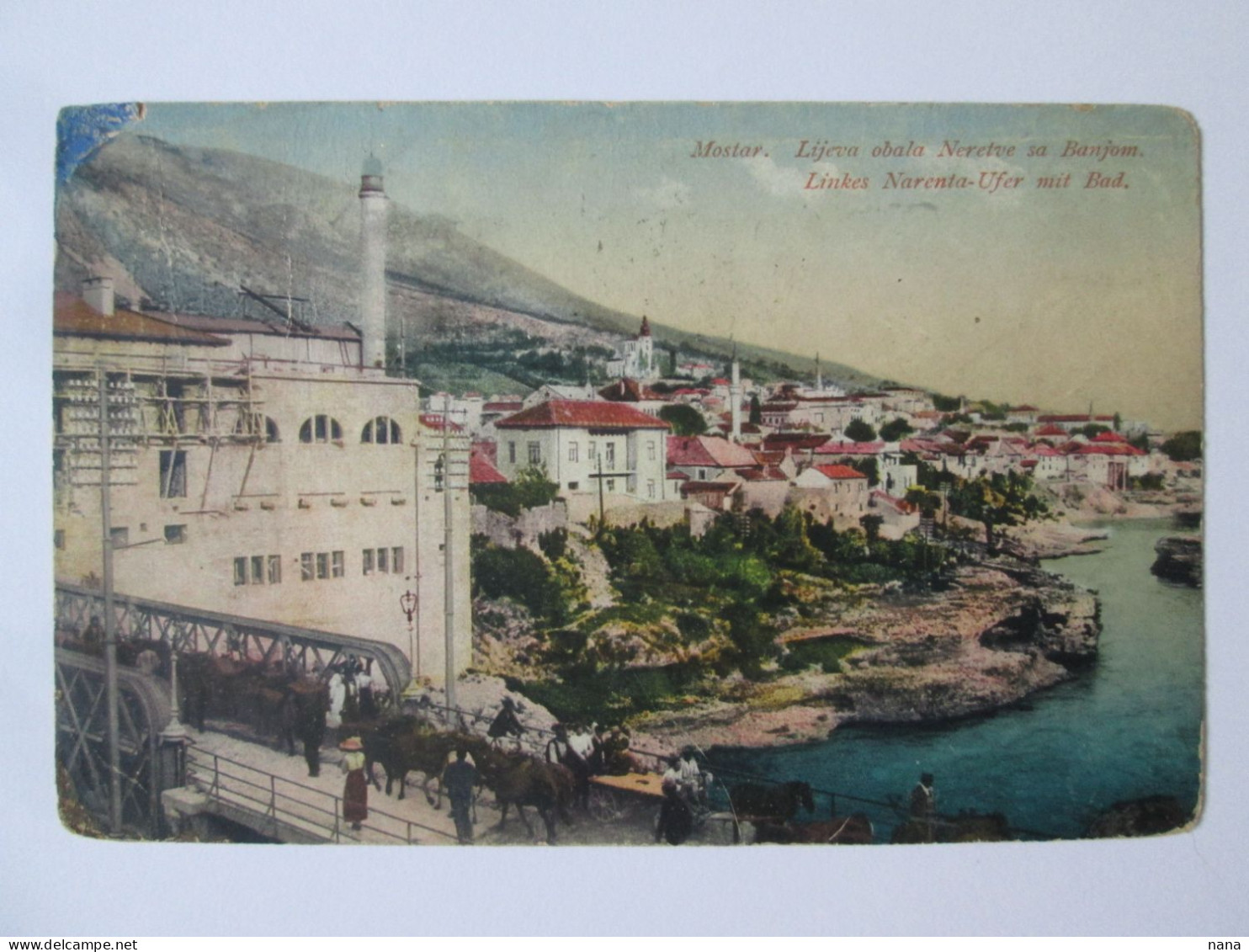 Bosnia &Herzegovina-Mostar:The Left Bank Of The Narenta/Neretva River With The Bath 1916 Mailed Postcard With Rare Stamp - Bosnie-Herzegovine
