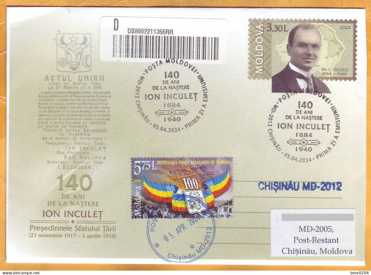 2024  Moldova FDC „Ion Inculeţ (1884-1940), President Of Sfatul Tarii (Council Of State Of Basarabia). 140 - Moldavië