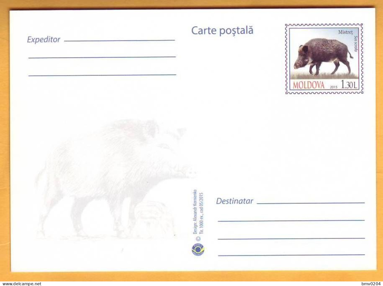 2015 Moldova Moldavie Moldau  Fauna Wildlife. Postcard With An Original Postage Stamp. Wild Boar - Pigs