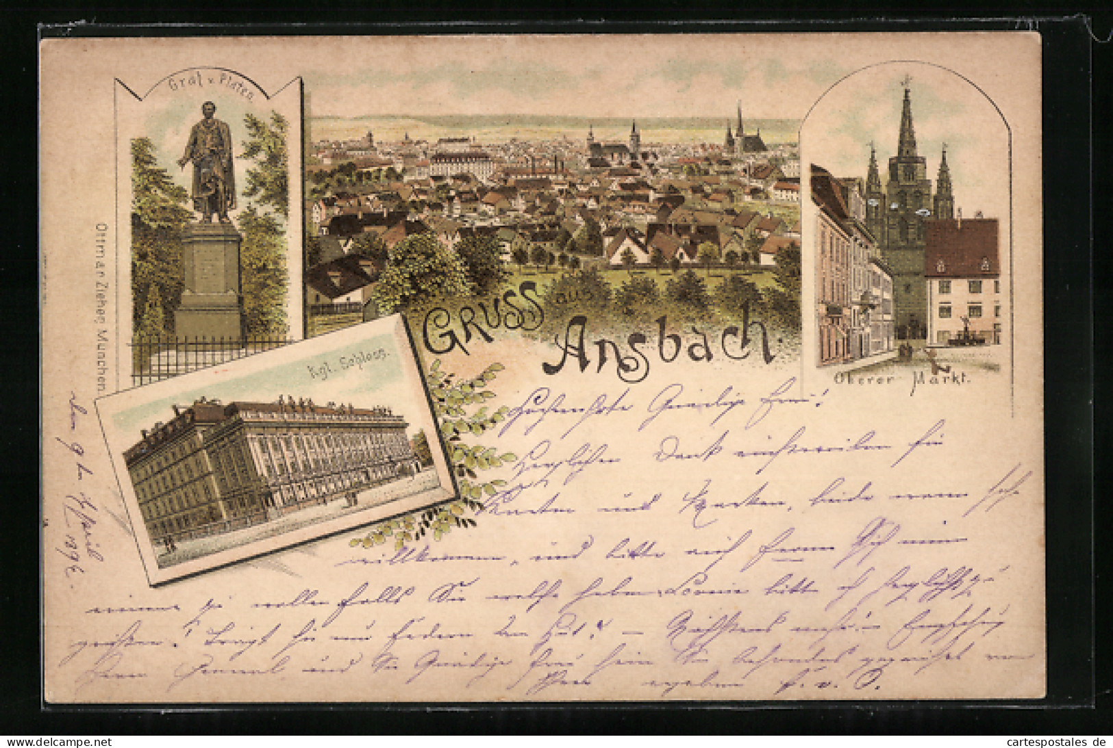 Lithographie Ansbach, Strasse Am Oberen Markt Mit Gumbertuskirche, Schloss, Platendenkmal, Panorama  - Ansbach
