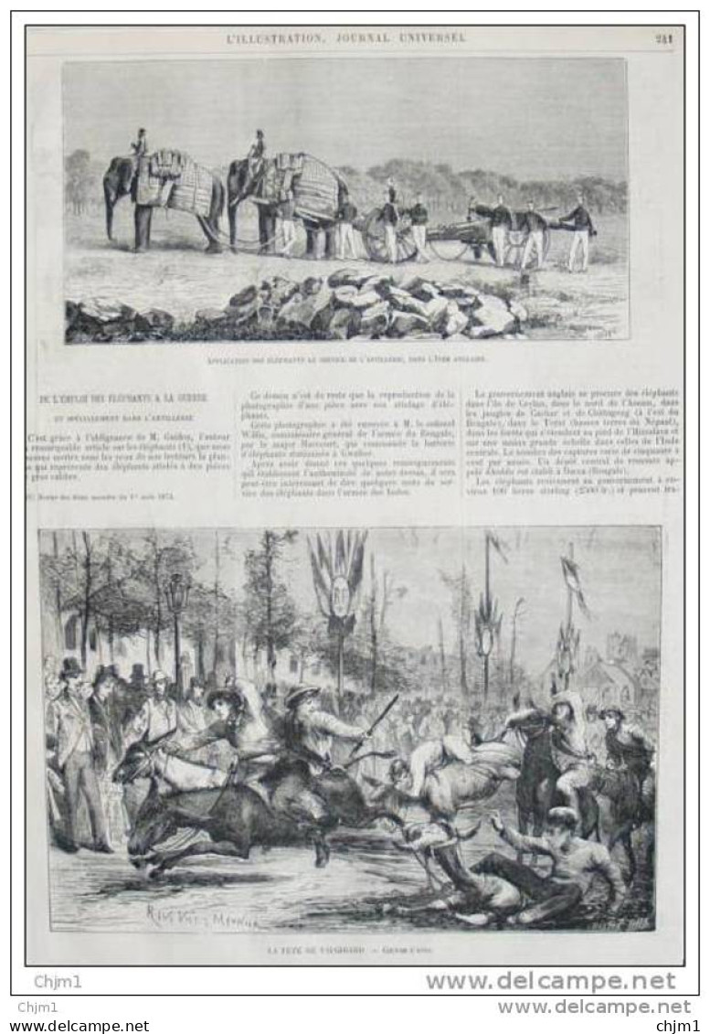 Eléphants à La Guerre - Fête De Vaugirard - Course D&acute;Anes - Page Original  1874 - Historische Dokumente