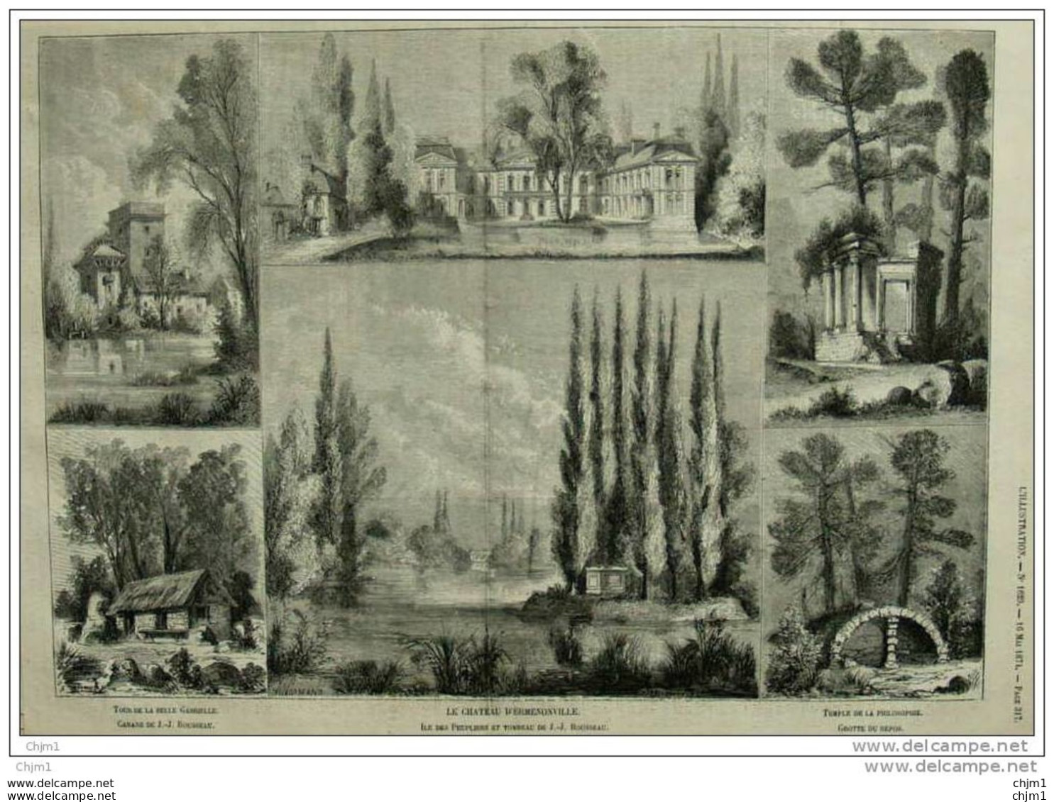 Le Château D'Ermenonville -tour De La Belle Gabrielle - Tombeau Des J.J. Rousseau - Page Original 1874 - Historische Dokumente