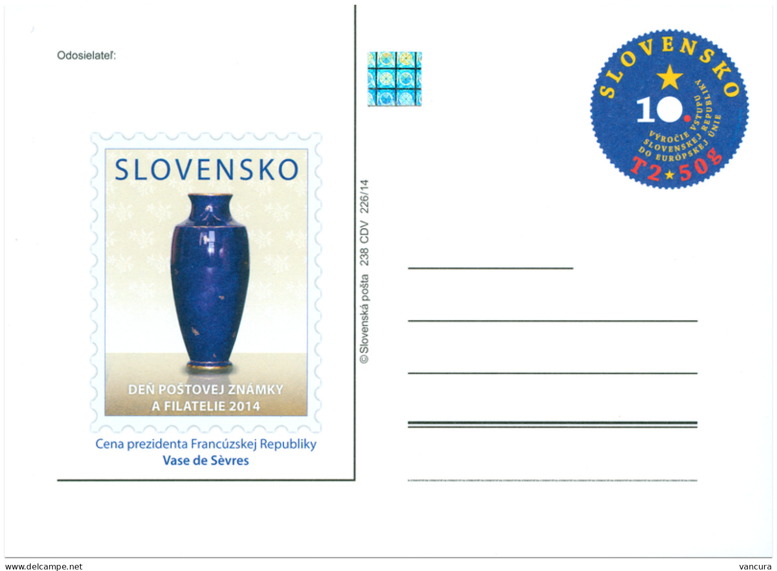 CDV 238 Slovakia Day Of The Stamp And Philately 2014 Sevres Vase - Porcellana