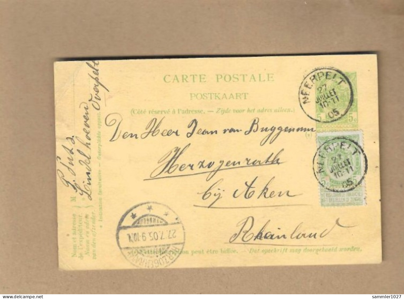 Los Vom 23.04 -  Heimatbeleg Aus Meerpelt Naxh Herzogenrath 1905  Ganzsache - Briefkaarten 1871-1909