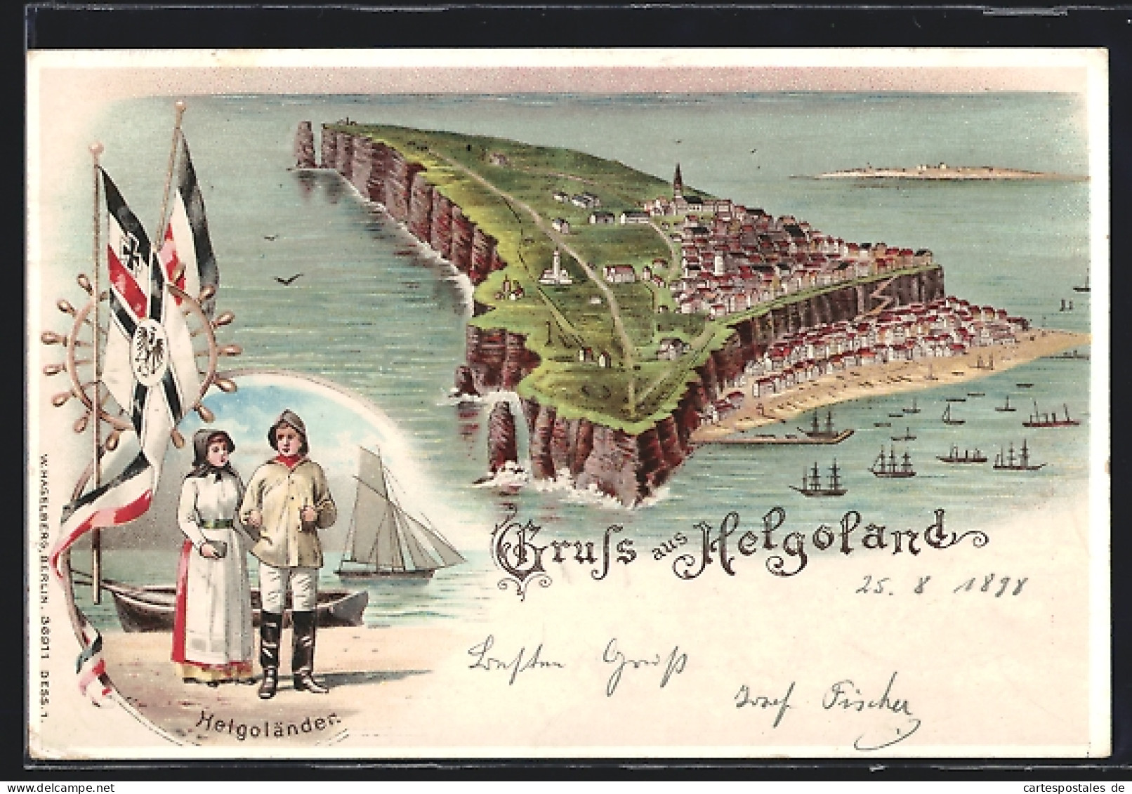 Lithographie Helgoland, Panorama Der Insel, Paar In Tracht, Segelschiffe  - Helgoland