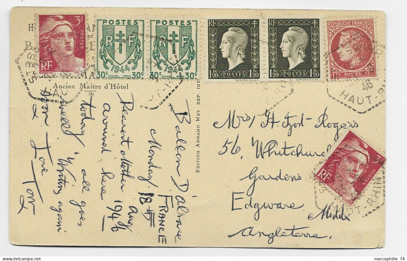 FRANCE CHAINE 30CX2+ 1FR20 DULACX2+ N°676+ GANDON 3FRX2 CARTE HAUT RHIN 1946 POUR ANGLETERRE ERREUR TARIF - 1941-66 Wapenschilden