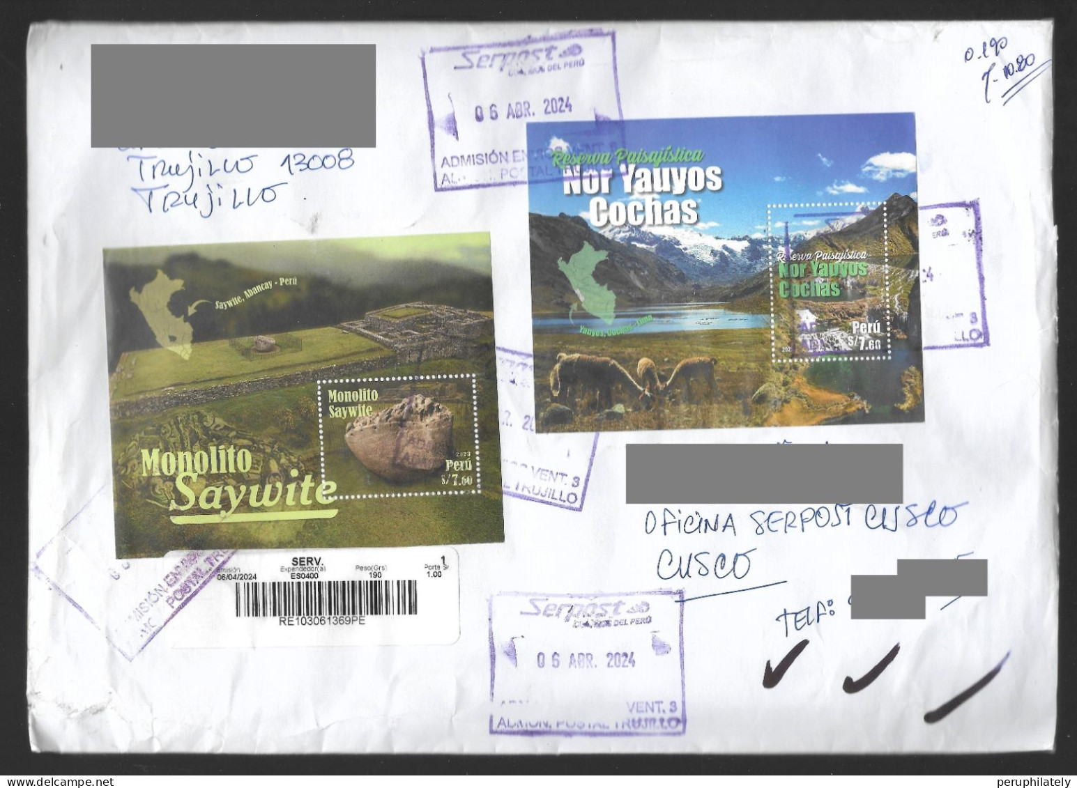 Peru Registered Cover , Local Circulation Trujillo To Cusco - Pérou