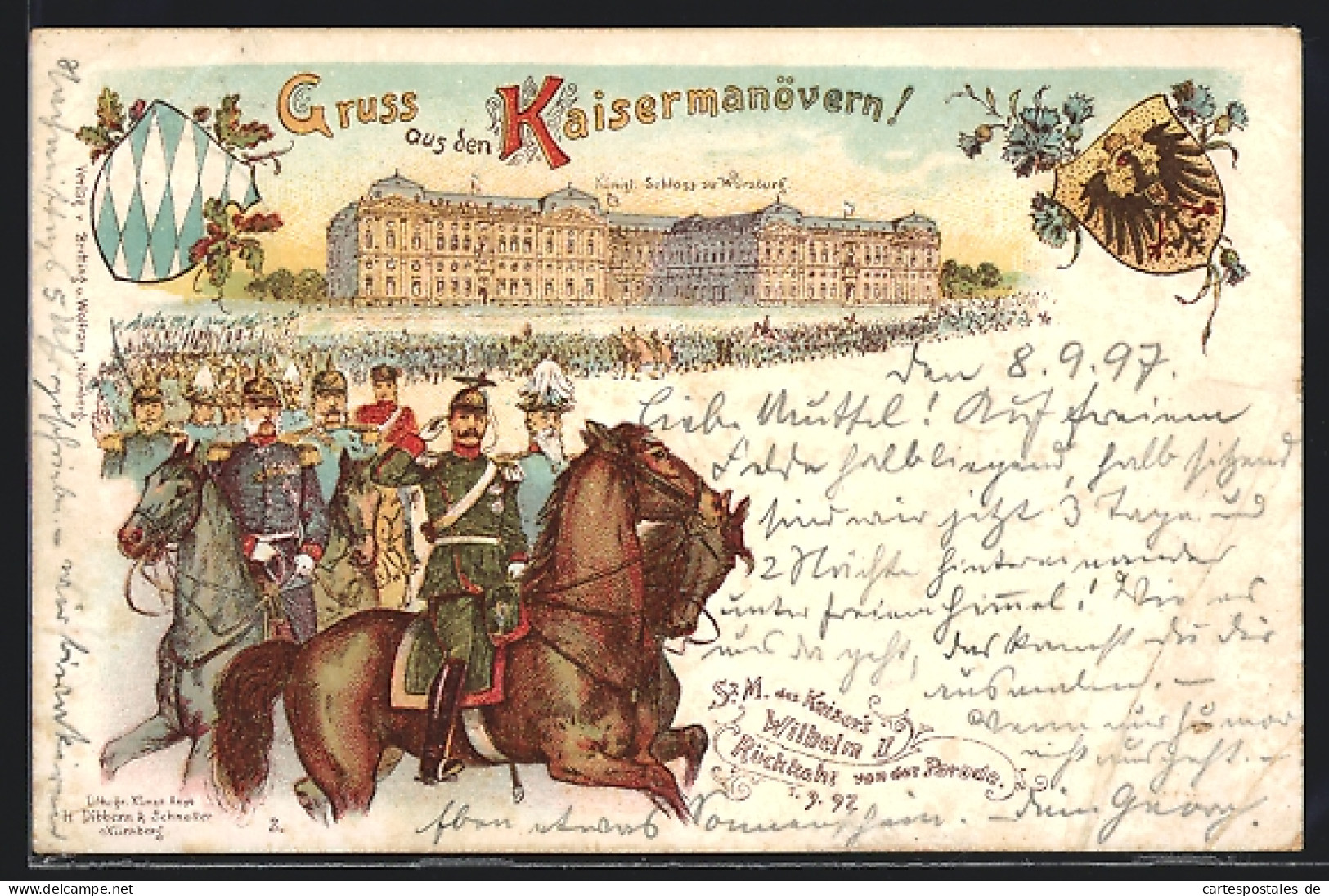 Lithographie Würzburg, Kaisermanöver 1897, Königl Schloss  - Weltkrieg 1914-18