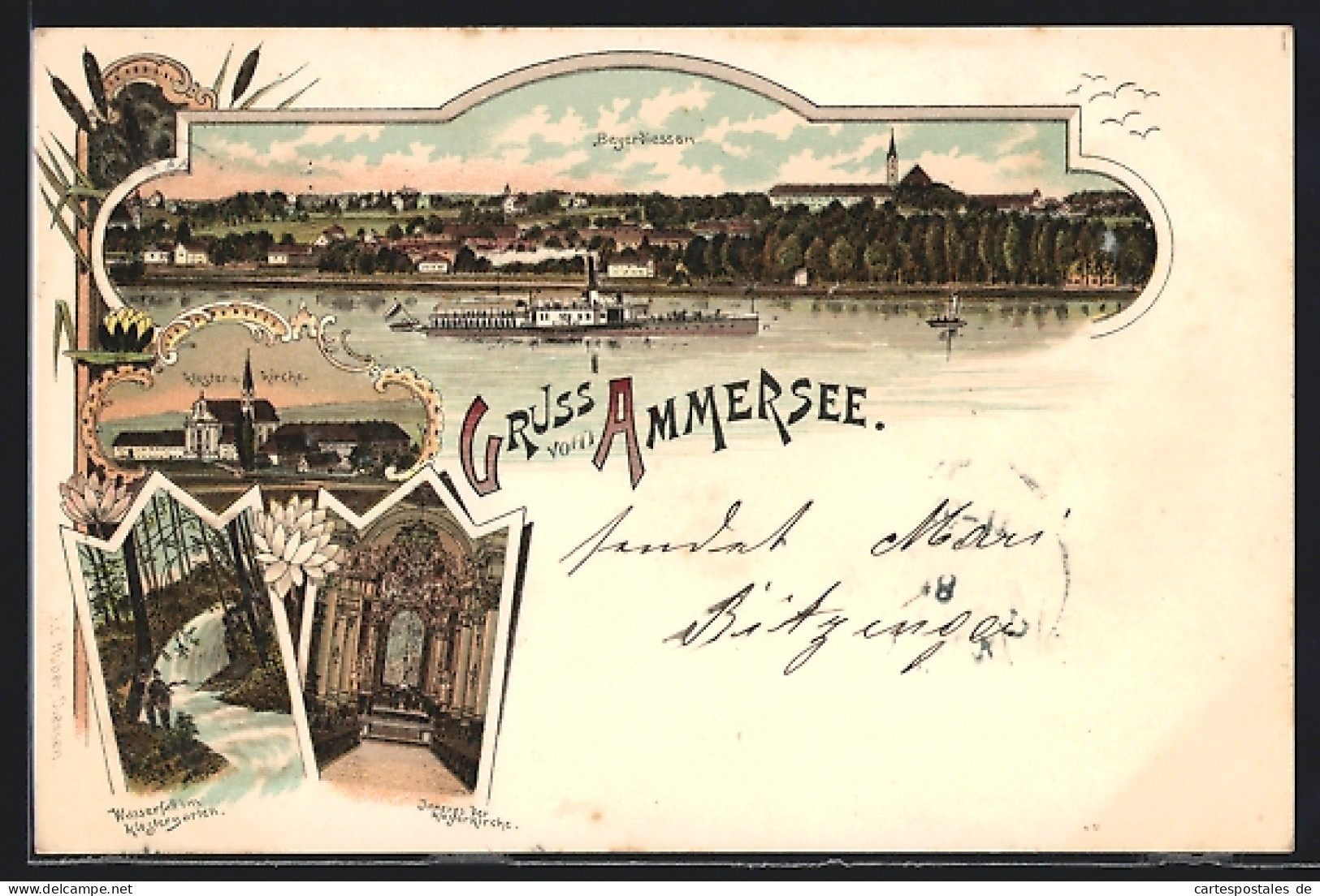 Lithographie Diessen, Ortsansicht, Dampfer Auf Dem Ammersee, Kloster & Kirche  - Diessen