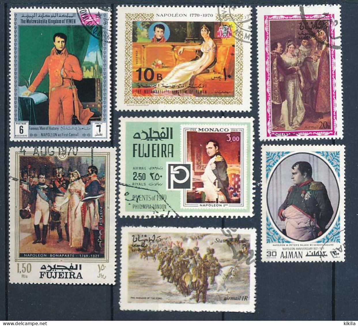 7 Timbres Oblitérés Yemen, Fujeira, Oman, Ajman XVI-8 NAPOLEON BONAPARTE Sa Vie Vue Par Les Artistes Peintres - Napoleon