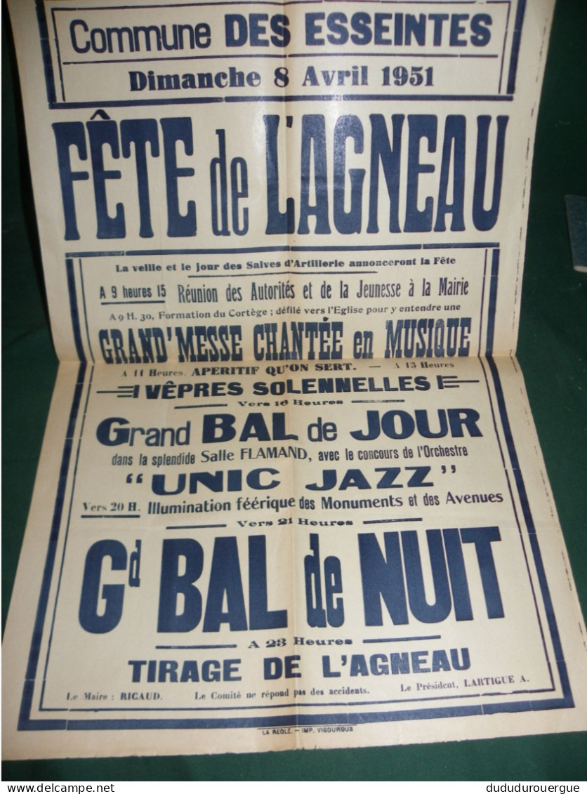 COMMUNE DES ESSEINTES PRES DE LA REOLE : FETE DE L AGNEAU LE 8 AVRIL 1951 - Plakate