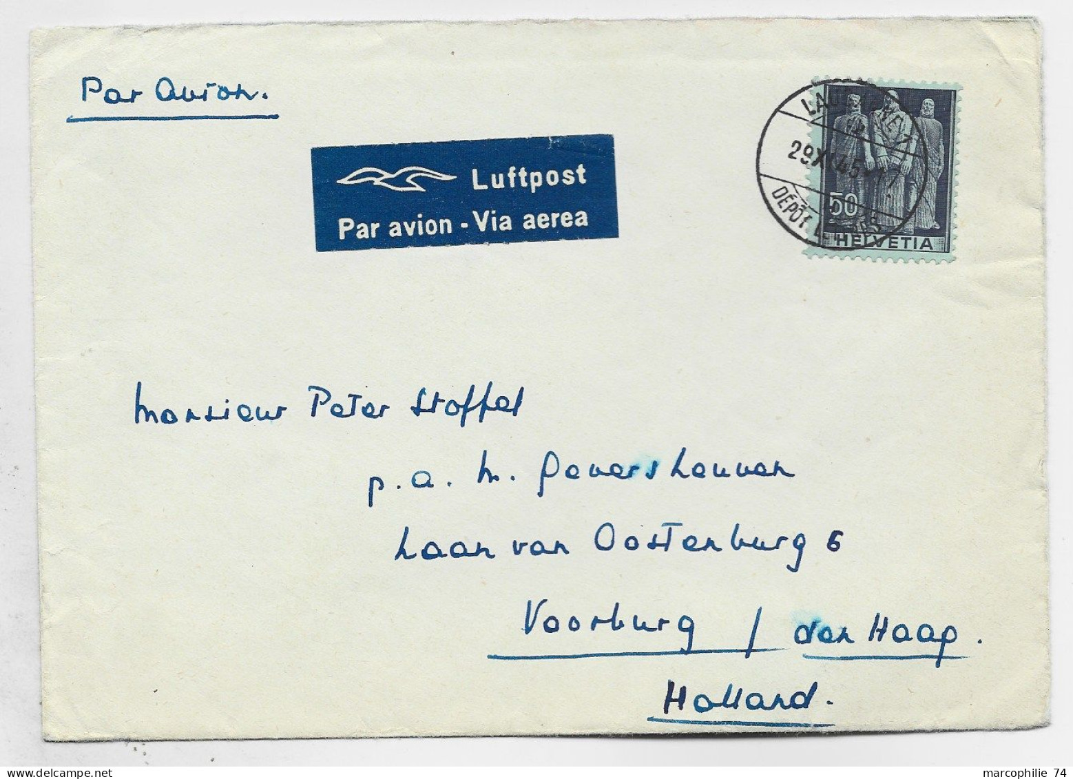 HELVETIA SUISSE 50C SEUL LETTRE COVER AVION LAUSANNE 29.XI.1945 DEPOT LETTRES TO HOLLAND - Storia Postale