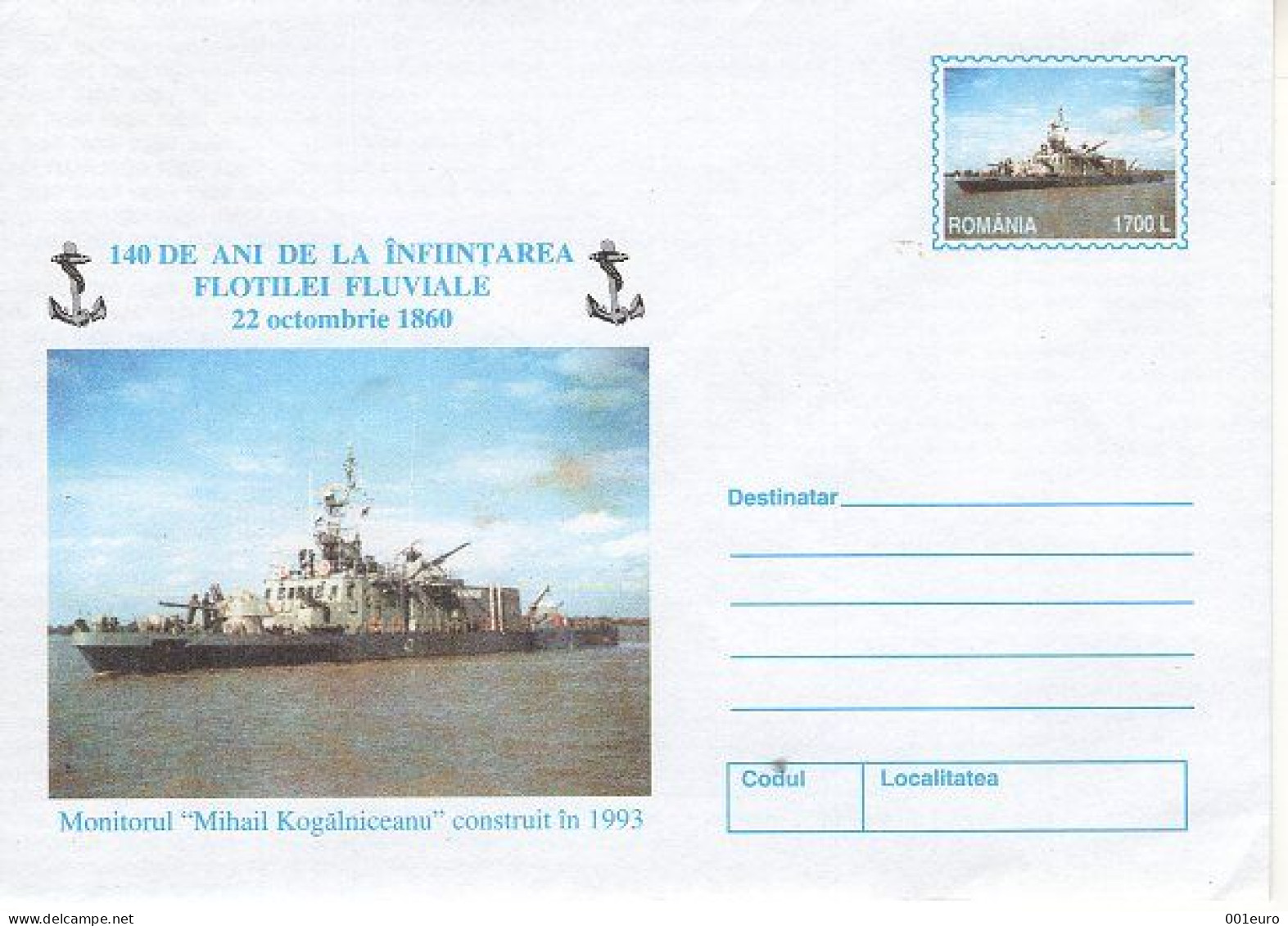 ROMANIA 159x2000: DANUBE NAVY - 140 YEARS, Unused Prepaid Postal Stationery Cover - Registered Shipping! - Entiers Postaux