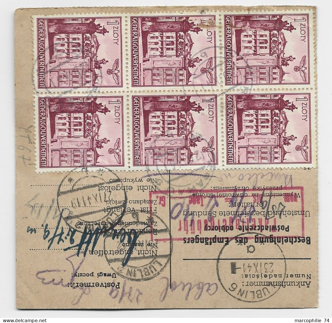 GENERAL GOUVERNEMENT  POLAND 30C+80C NACHNAHME + VERSO 1 ZLOTY BLOC DE 7 KRAKAU 1941  TO LUBLIN - Gouvernement Général