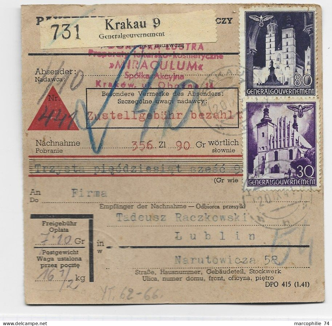 GENERAL GOUVERNEMENT  POLAND 30C+80C NACHNAHME + VERSO 1 ZLOTY BLOC DE 7 KRAKAU 1941  TO LUBLIN - General Government