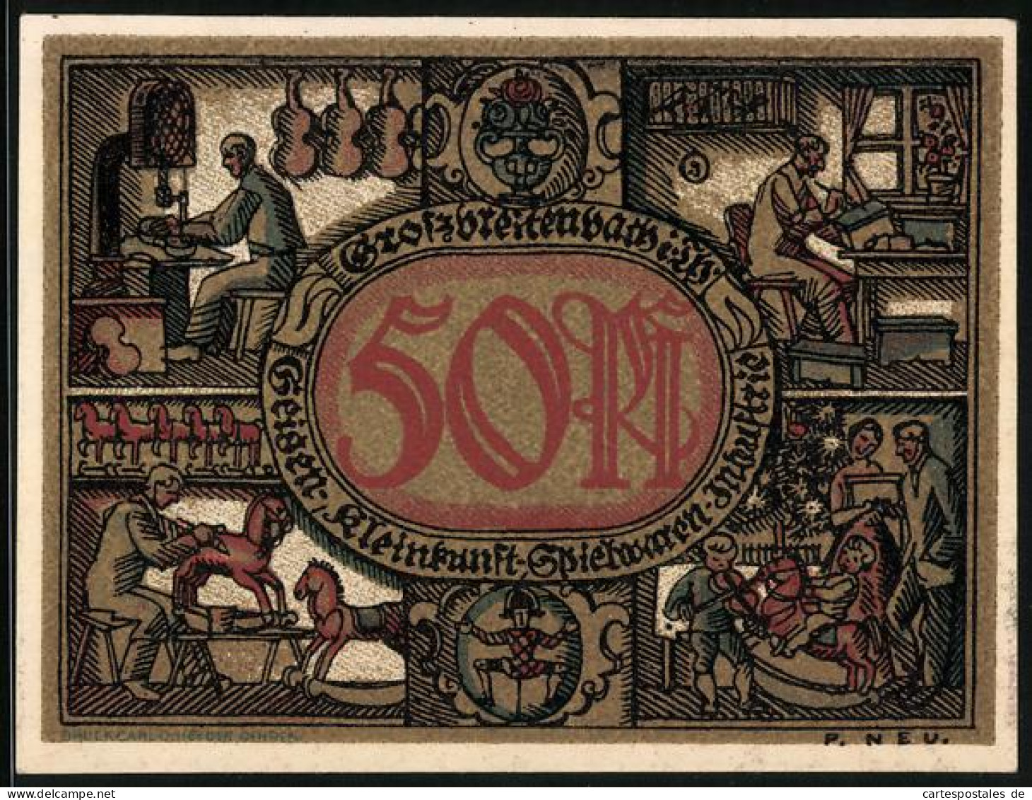 Notgeld Grossbreitenbach I. H., 50 Pfennig, Violinenbauer, Schreiber, Spielzeughersteller, Familie Zu Weihnachten  - Lokale Ausgaben