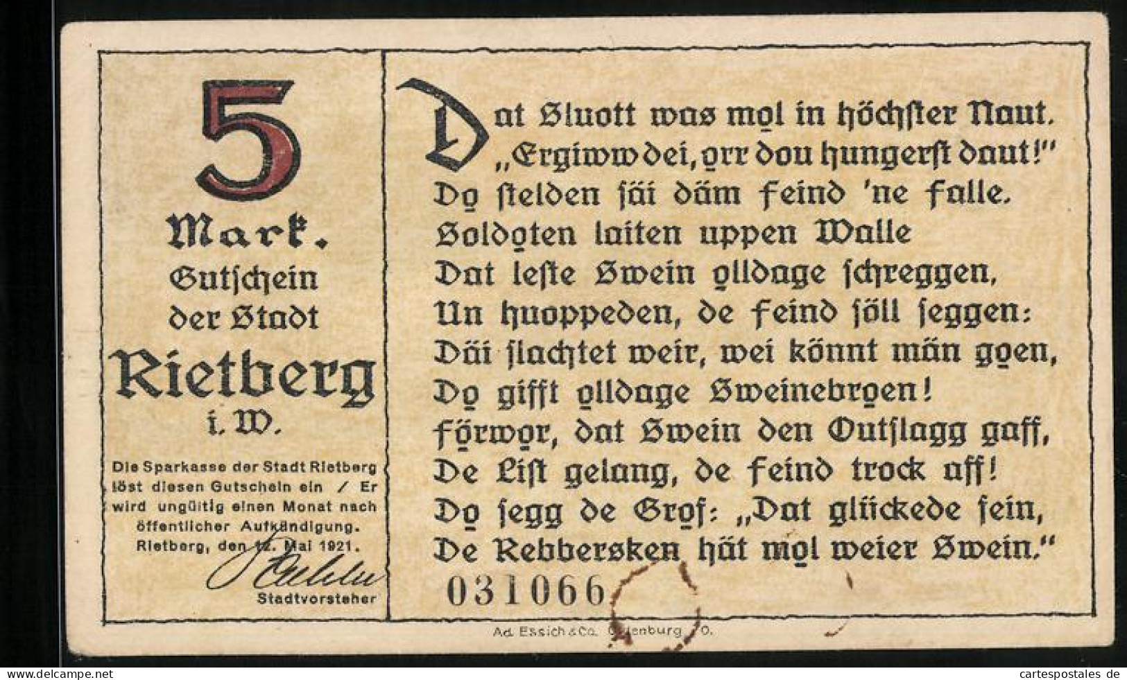 Notgeld Rietberg I. W. 1921, 5 Mark, Rettung Des Schlosses Aus Belagerungsnot  - Lokale Ausgaben