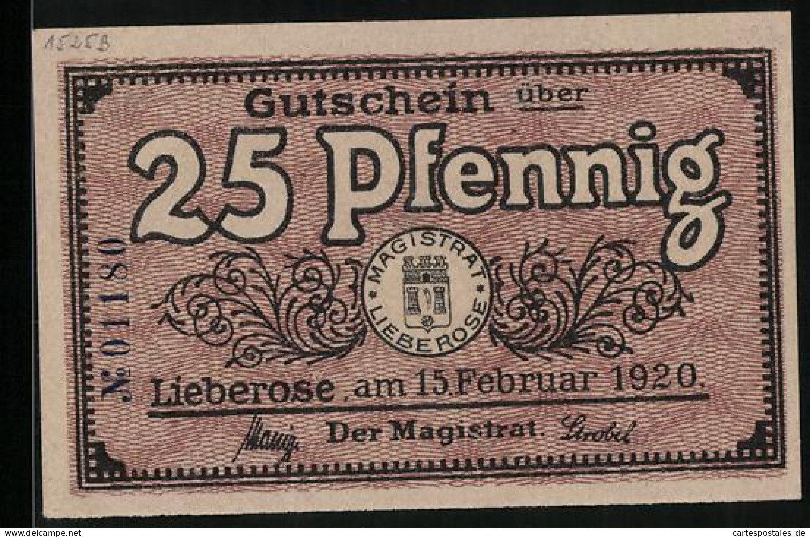 Notgeld Lieberose 1920, 25 Pfennig, Rathaus U. Kirchen, Wappen  - Lokale Ausgaben