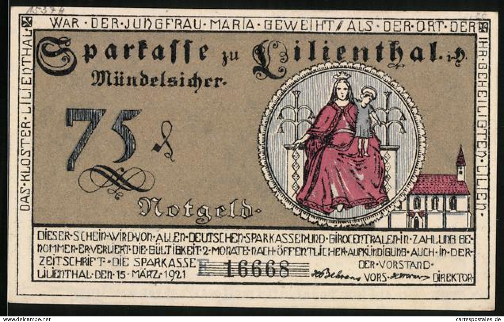 Notgeld Lilienthal / Bremen 1921, 75 Pfennig, Kloster Lilienthal Mit Madonna, Landwirtschaft Und Schifferei  - Lokale Ausgaben