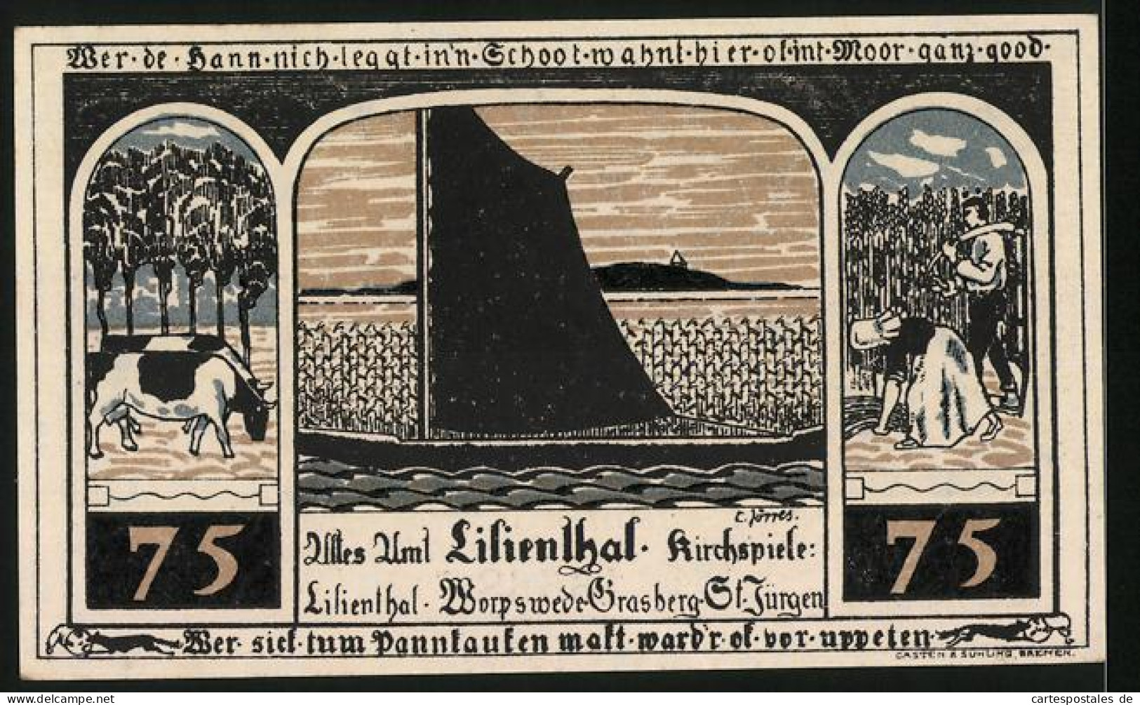 Notgeld Lilienthal / Bremen 1921, 75 Pfennig, Kloster Lilienthal Mit Madonna, Landwirtschaft Und Schifferei  - [11] Emissions Locales