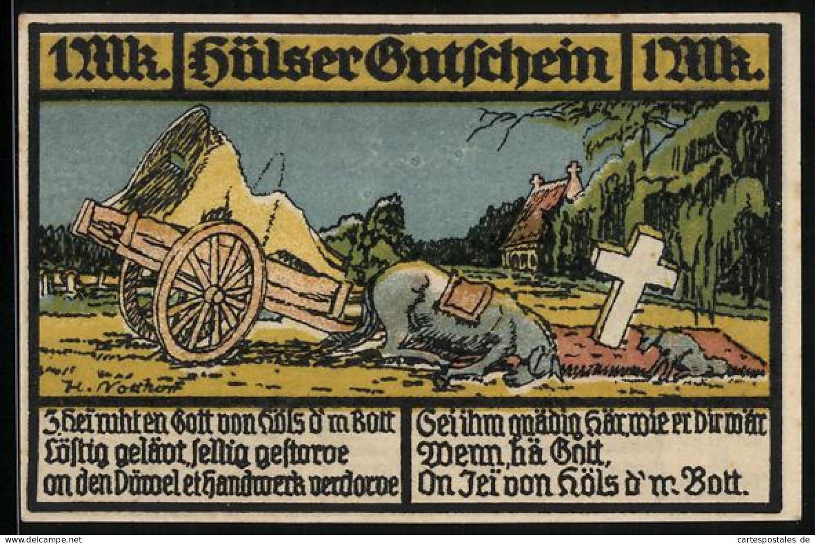 Notgeld Hüls / Krefeld 1921, 1 Mark, Pferd Und Hund Am Grab  - Lokale Ausgaben